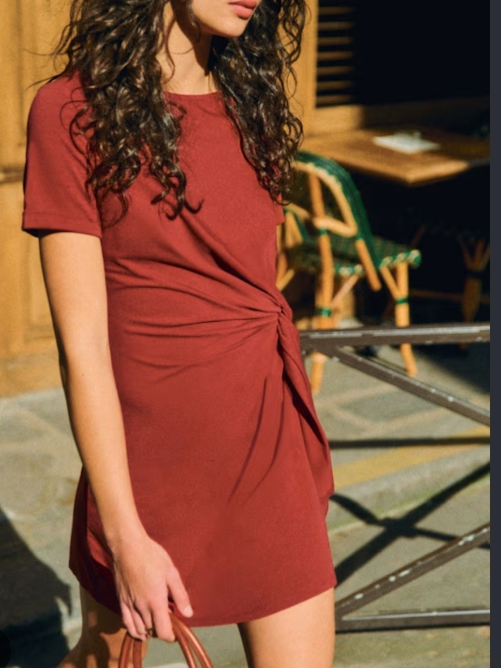 Sezane Mini Dress in Deep Burgundy with Side Tie Detail